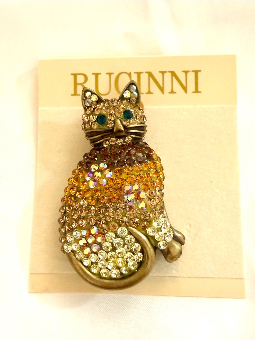 Rucinni Large Crystal Cat Brooch Pin Amber AB Aurora Borealis 2.5"
